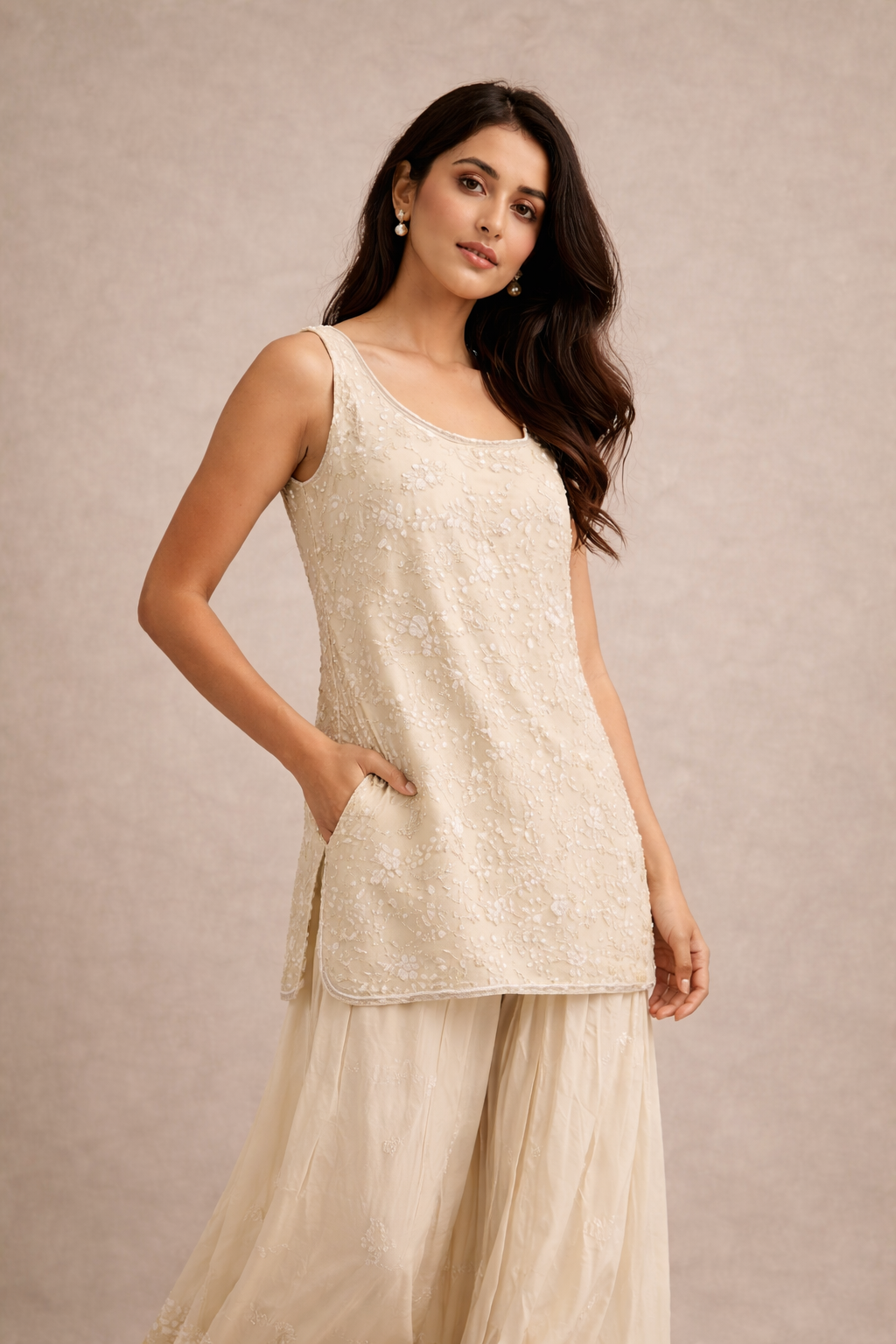 Ivory Cream Floral Embroidered Short Kurti