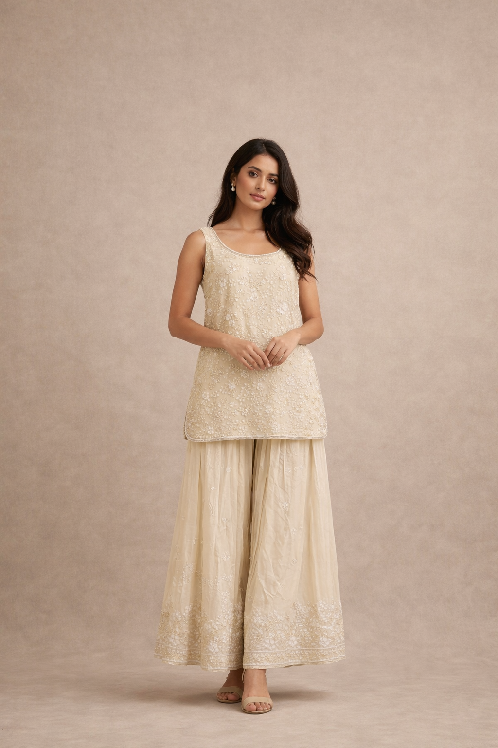 Ivory Cream Floral Embroidered Short Kurti
