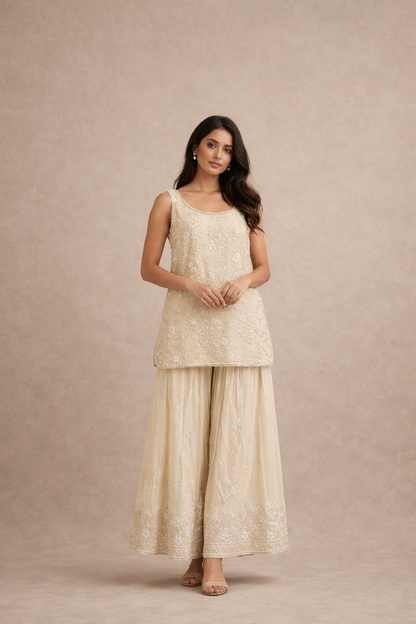 Ivory Cream Floral Embroidered Short Kurti