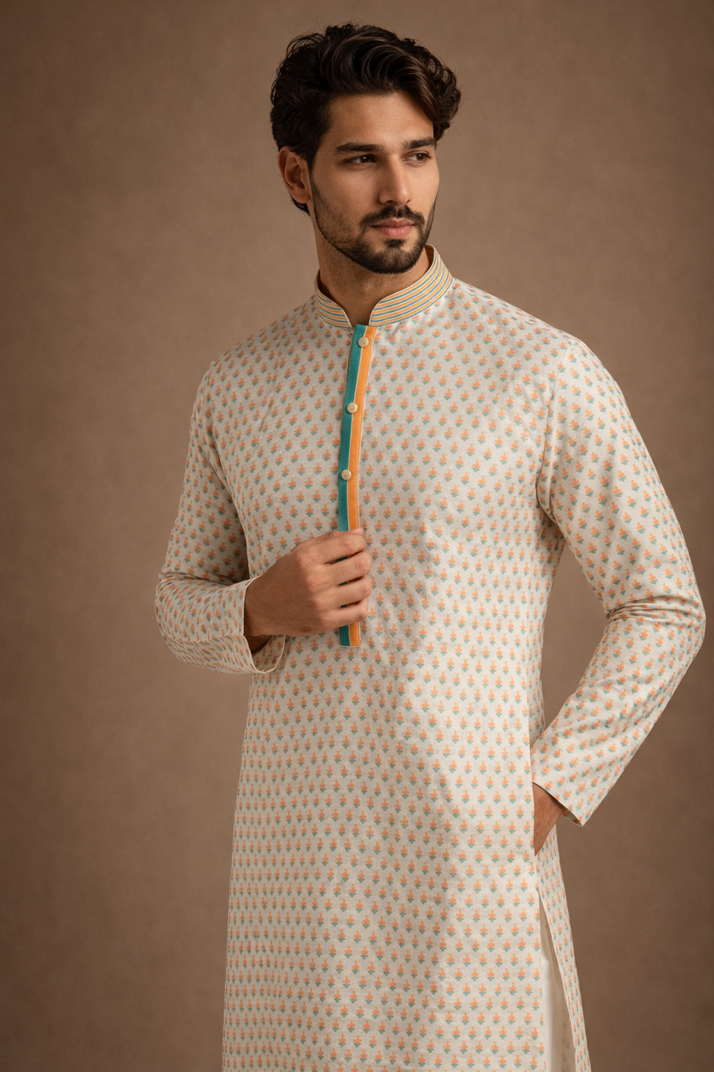 Ivory Cream and Peach Buti Printed Kurta Set