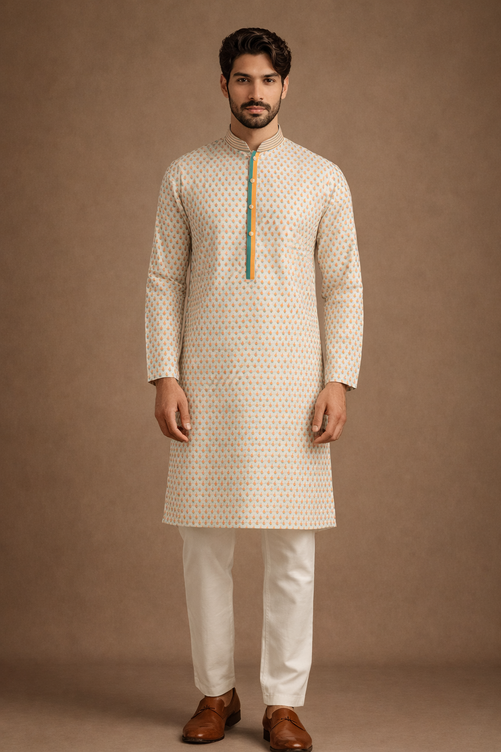 Ivory Cream and Peach Buti Printed Kurta Set