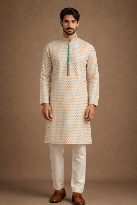 Ivory Cream and Peach Buti Printed Kurta Set
