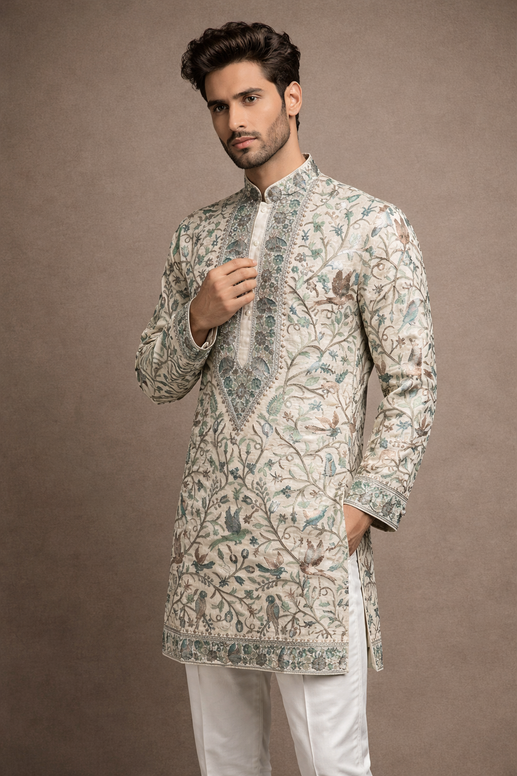 Ivory Cream and Sage Green Floral Embroidered Designer Kurta Set