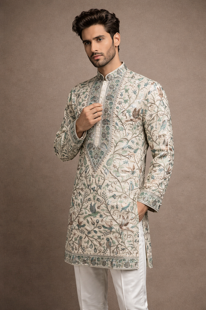 Ivory Cream and Sage Green Floral Embroidered Designer Kurta Set