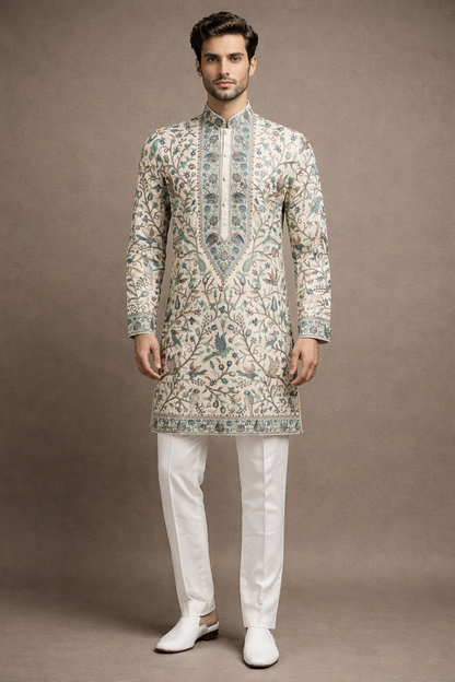 Ivory Cream and Sage Green Floral Embroidered Designer Kurta Set
