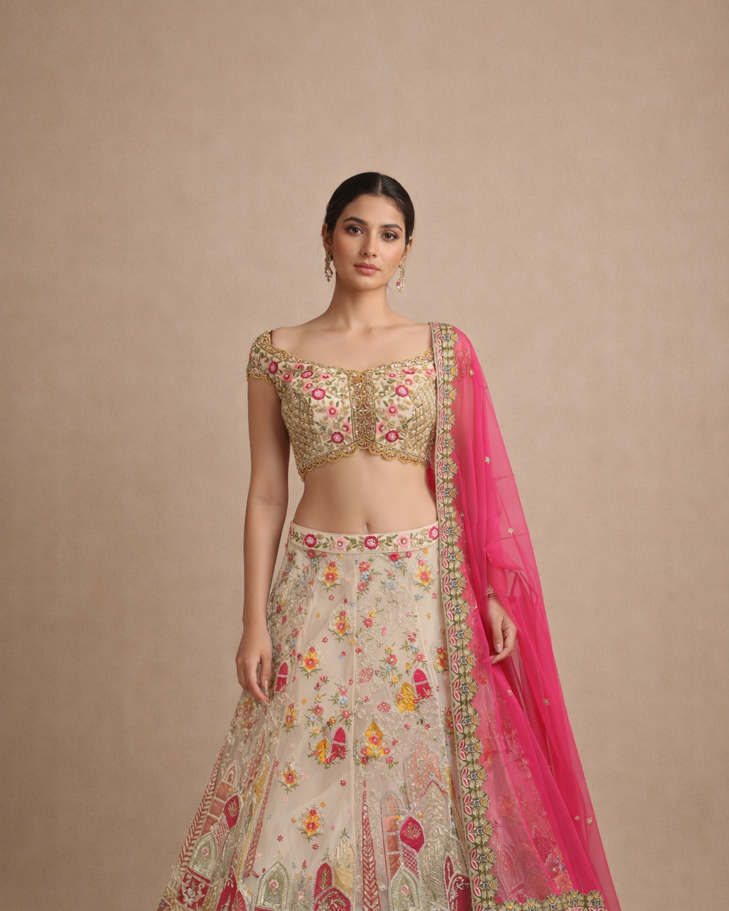 Ivory Designer Lehenga with  Pink Dupatta and Handcrafted Multicolor Embroidery