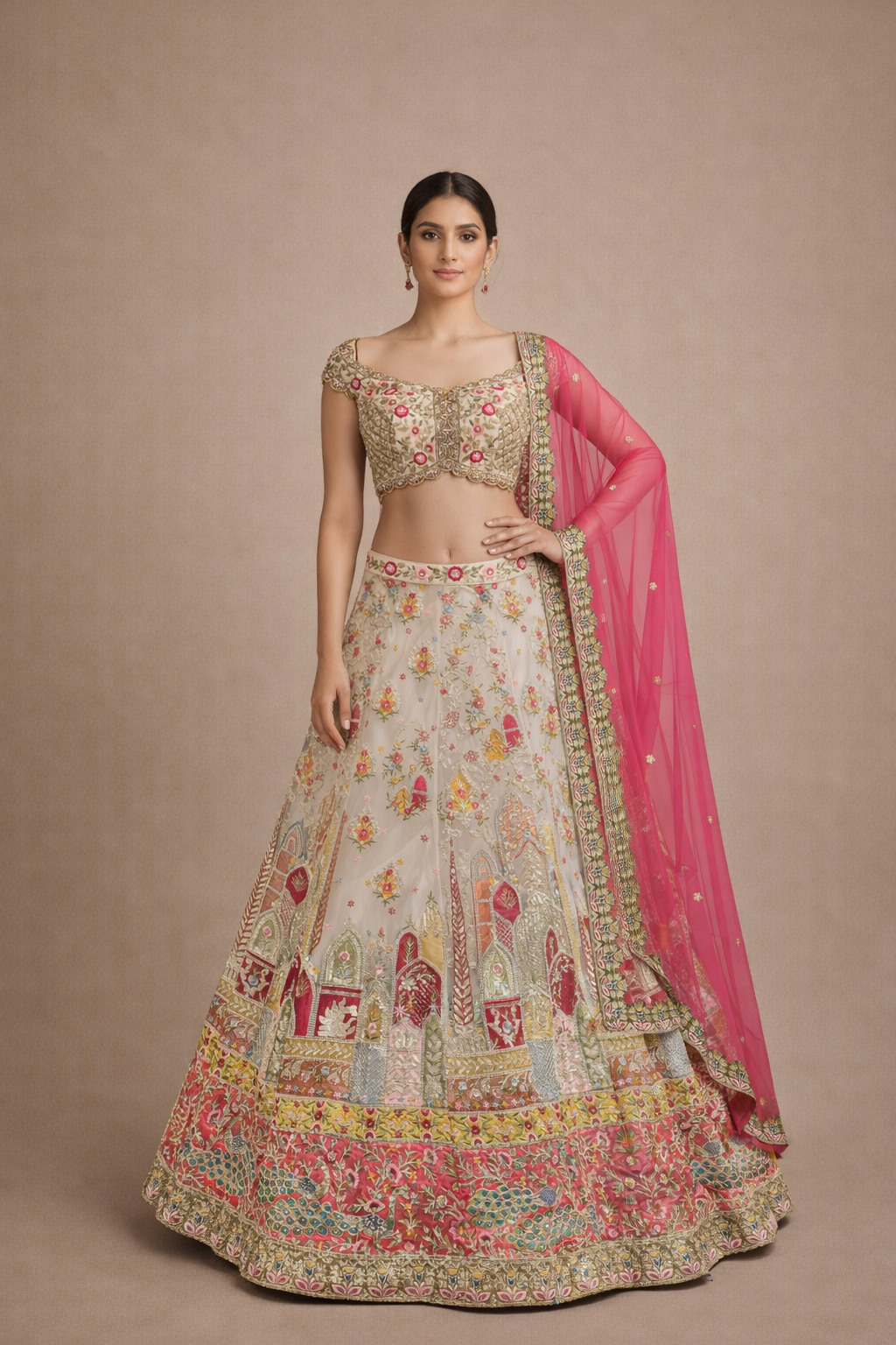 Ivory Designer Lehenga with  Pink Dupatta and Handcrafted Multicolor Embroidery