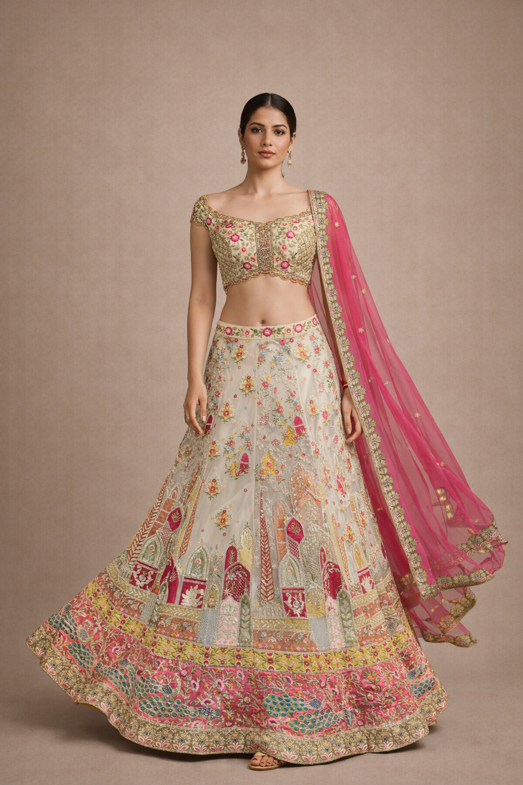Ivory Designer Lehenga with  Pink Dupatta and Handcrafted Multicolor Embroidery