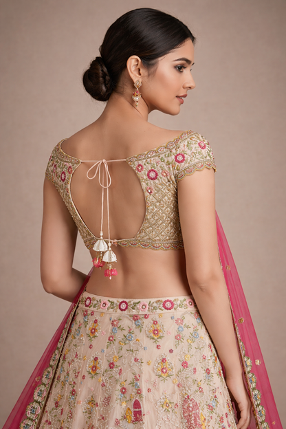 Ivory Designer Lehenga with  Pink Dupatta and Handcrafted Multicolor Embroidery