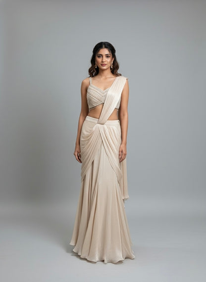 Ivory Draped Saree Gown with Embellished Bustier Blouse