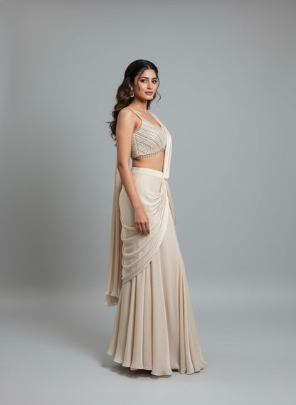 Ivory Draped Saree Gown with Embellished Bustier Blouse