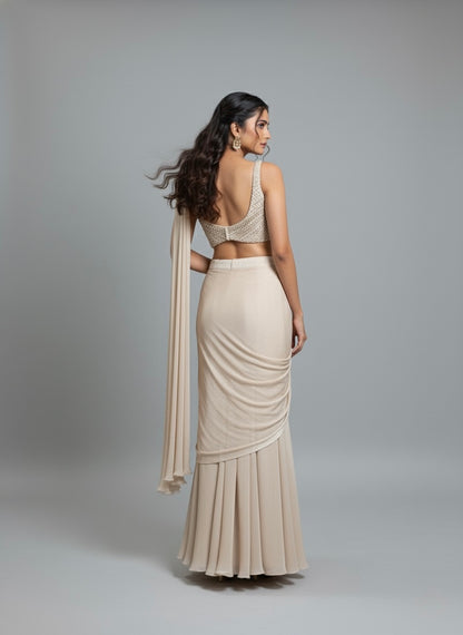 Ivory Draped Saree Gown with Embellished Bustier Blouse