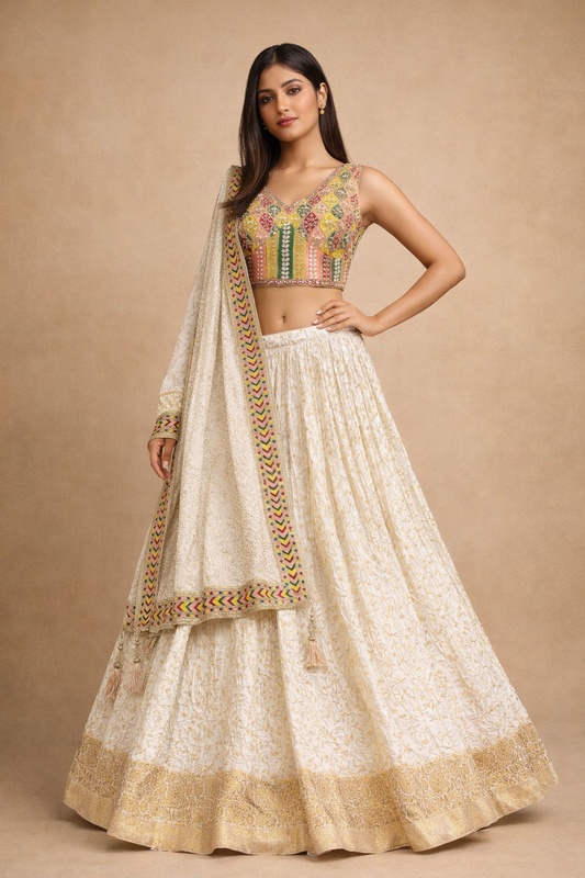 Ivory  Embroidered Designer Lehenga Choli with Zari Work Dupatta