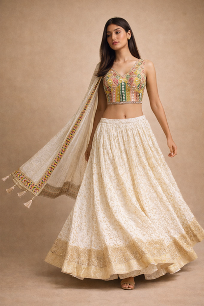 Ivory  Embroidered Designer Lehenga Choli with Zari Work Dupatta