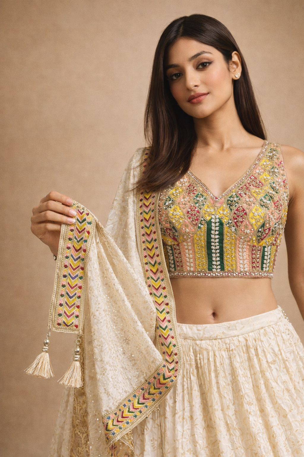 Ivory  Embroidered Designer Lehenga Choli with Zari Work Dupatta