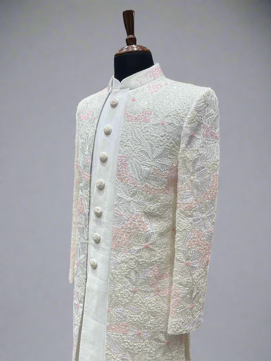 Ivory Embroidered Indo-Western Jacket with Subtle Pink Detailing
