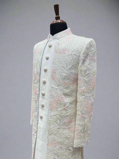 Ivory Embroidered Indo-Western Jacket with Subtle Pink Detailing