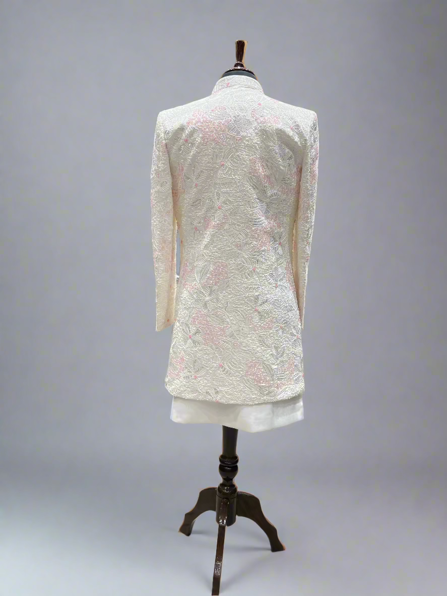 Ivory Embroidered Indo-Western Jacket with Subtle Pink Detailing