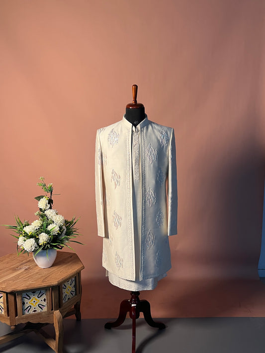 Ivory Embroidered Sherwani Set with Thread and Mirror Accents