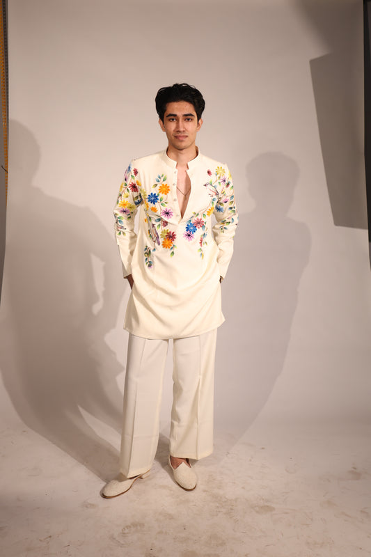 Ivory Floral Embroidered Contemporary Kurta Set