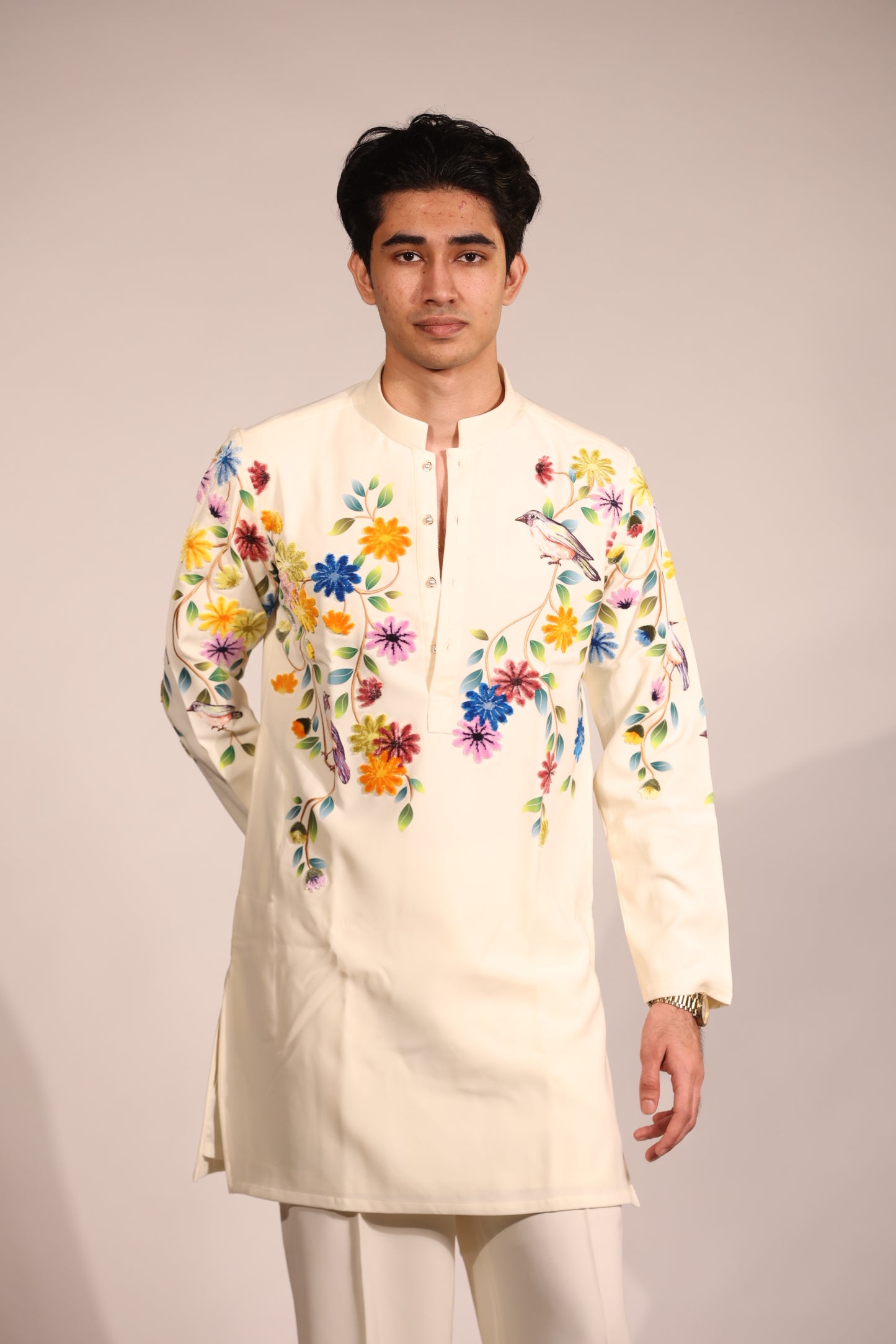 Ivory Floral Embroidered Contemporary Kurta Set