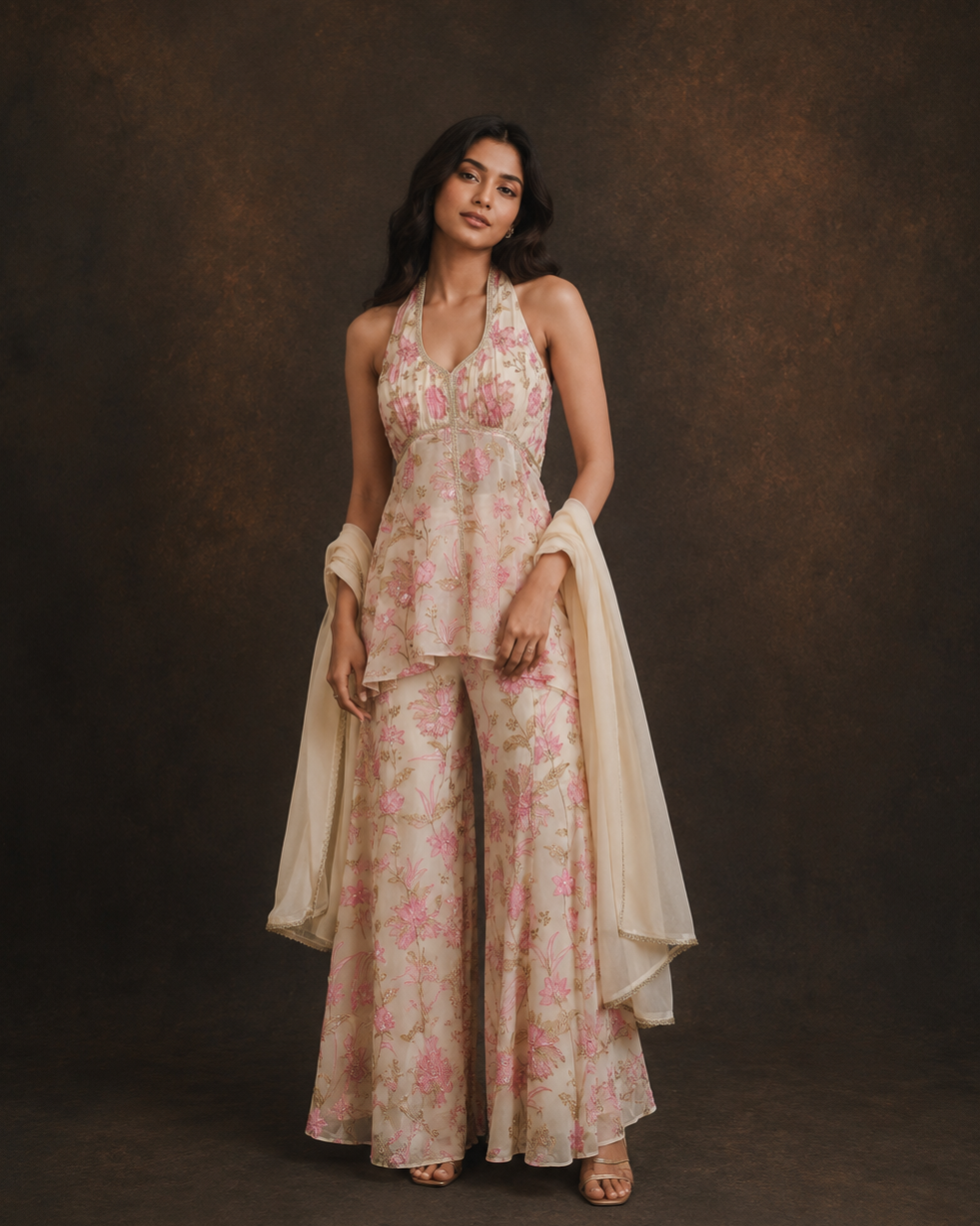 Ivory Floral Embroidered Halter Neck Peplum Kurta with Printed Sharara and Dupatta Set