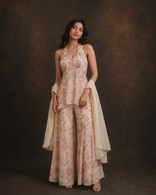 Ivory Floral Embroidered Halter Neck Peplum Kurta with Printed Sharara and Dupatta Set