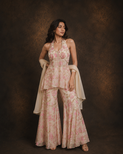 Ivory Floral Embroidered Halter Neck Peplum Kurta with Printed Sharara and Dupatta Set