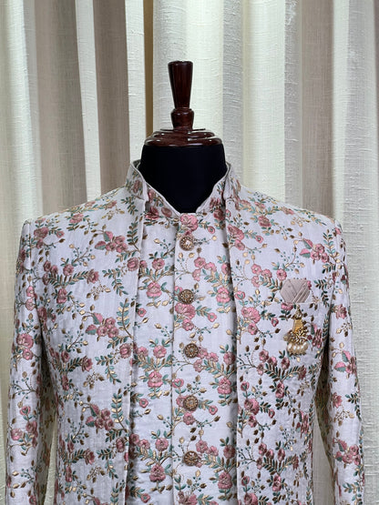 Ivory Floral Embroidered Jodhpuri Suit with Rose Gold Accents