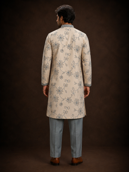 Ivory Floral Embroidered Kurta for Men with Blue Thread Work and Botanical Vine Design