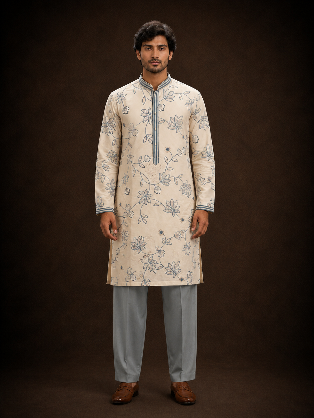 Ivory Floral Embroidered Kurta for Men with Blue Thread Work and Botanical Vine Design