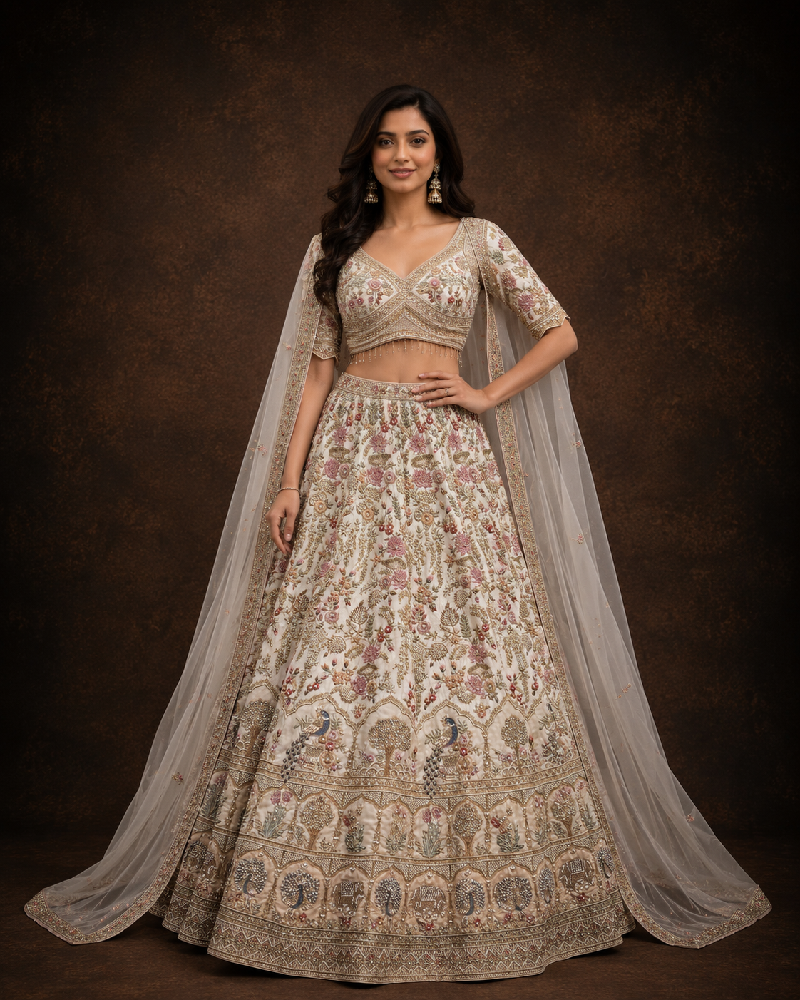 Ivory Floral Embroidered Bridal Lehenga with Peacock Motif Border and Handcrafted Zari Work