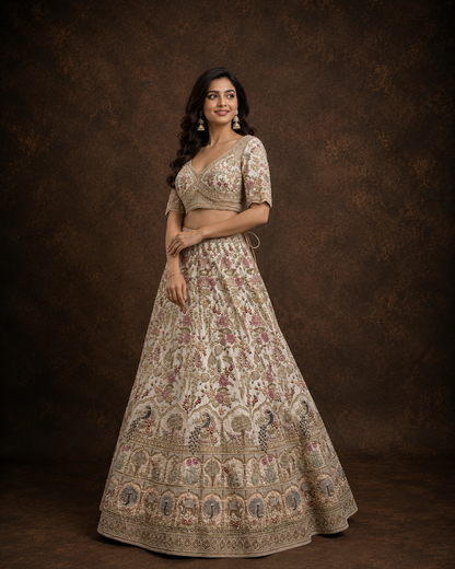 Ivory Floral Embroidered Bridal Lehenga with Peacock Motif Border and Handcrafted Zari Work