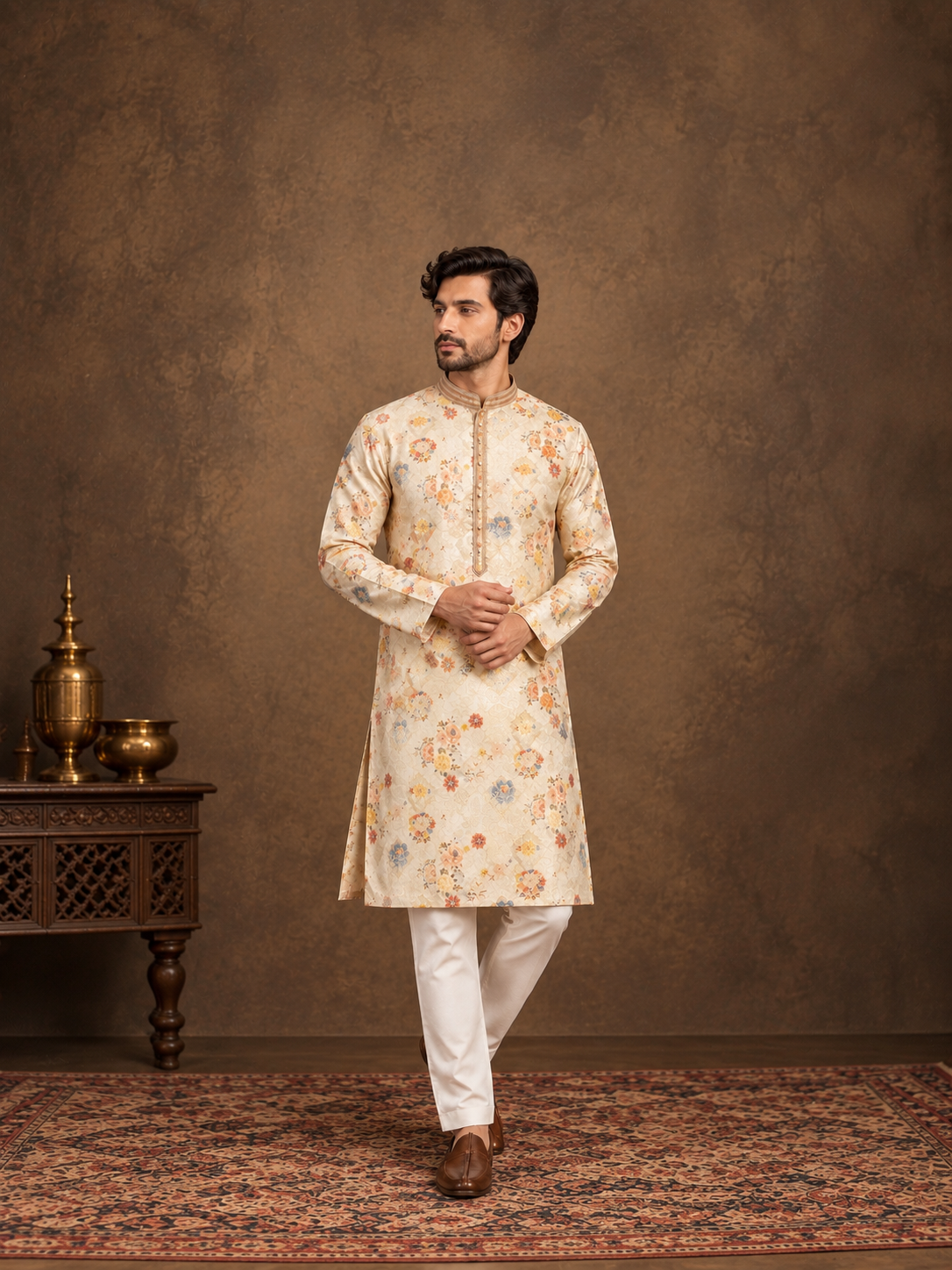 Ivory Floral Printed Jacquard Silk Kurta