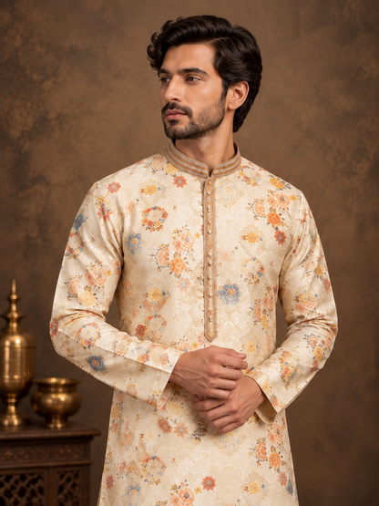 Ivory Floral Printed Jacquard Silk Kurta