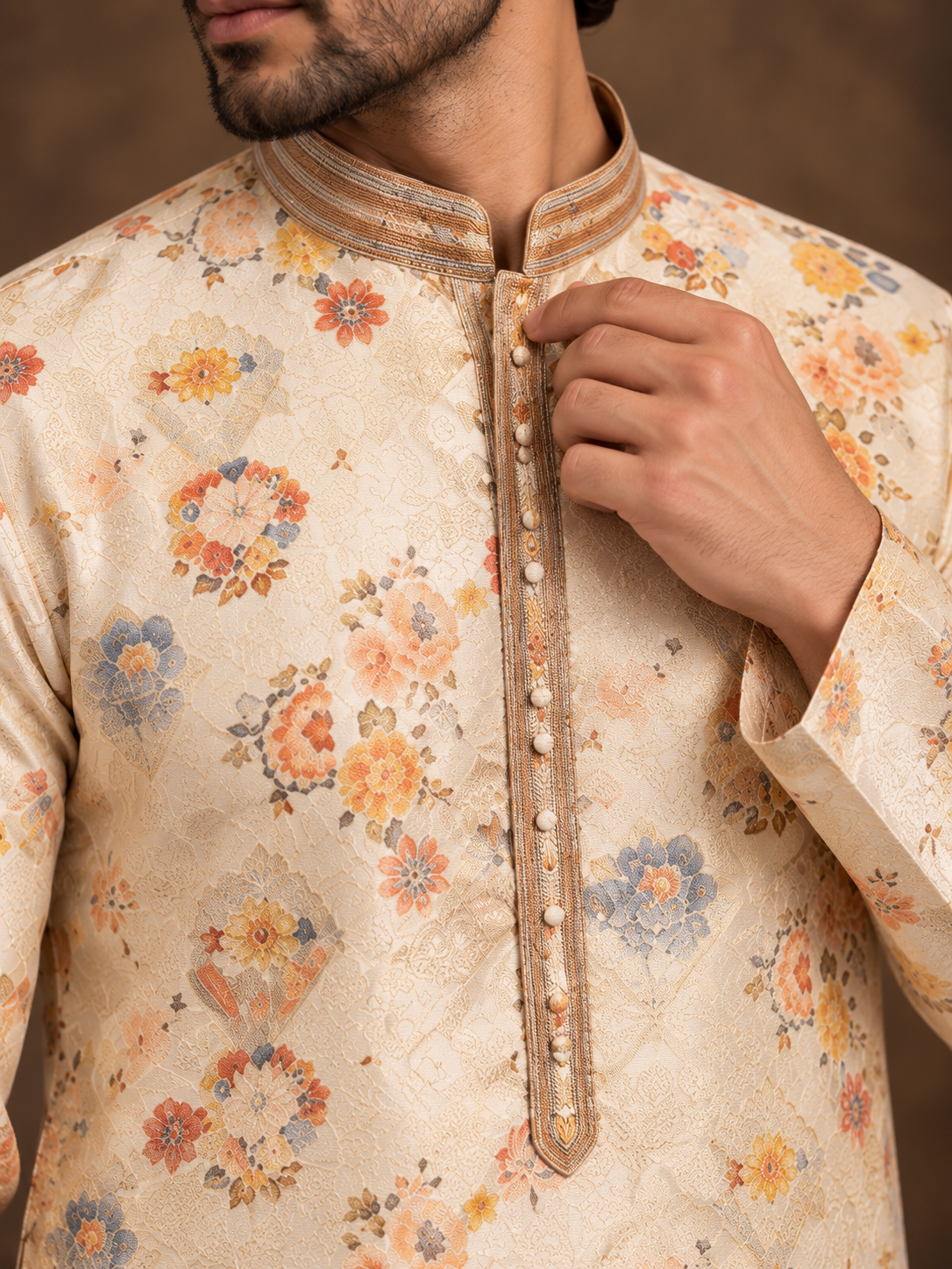 Ivory Floral Printed Jacquard Silk Kurta