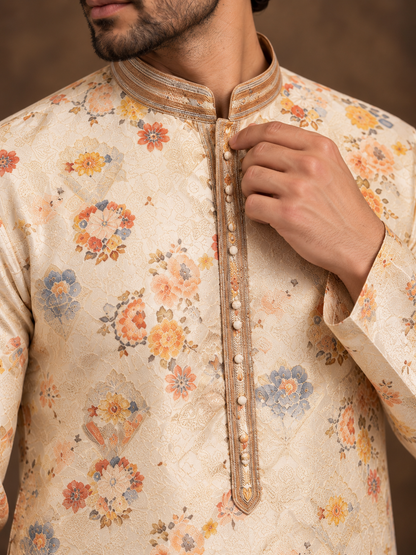 Ivory Floral Printed Jacquard Silk Kurta