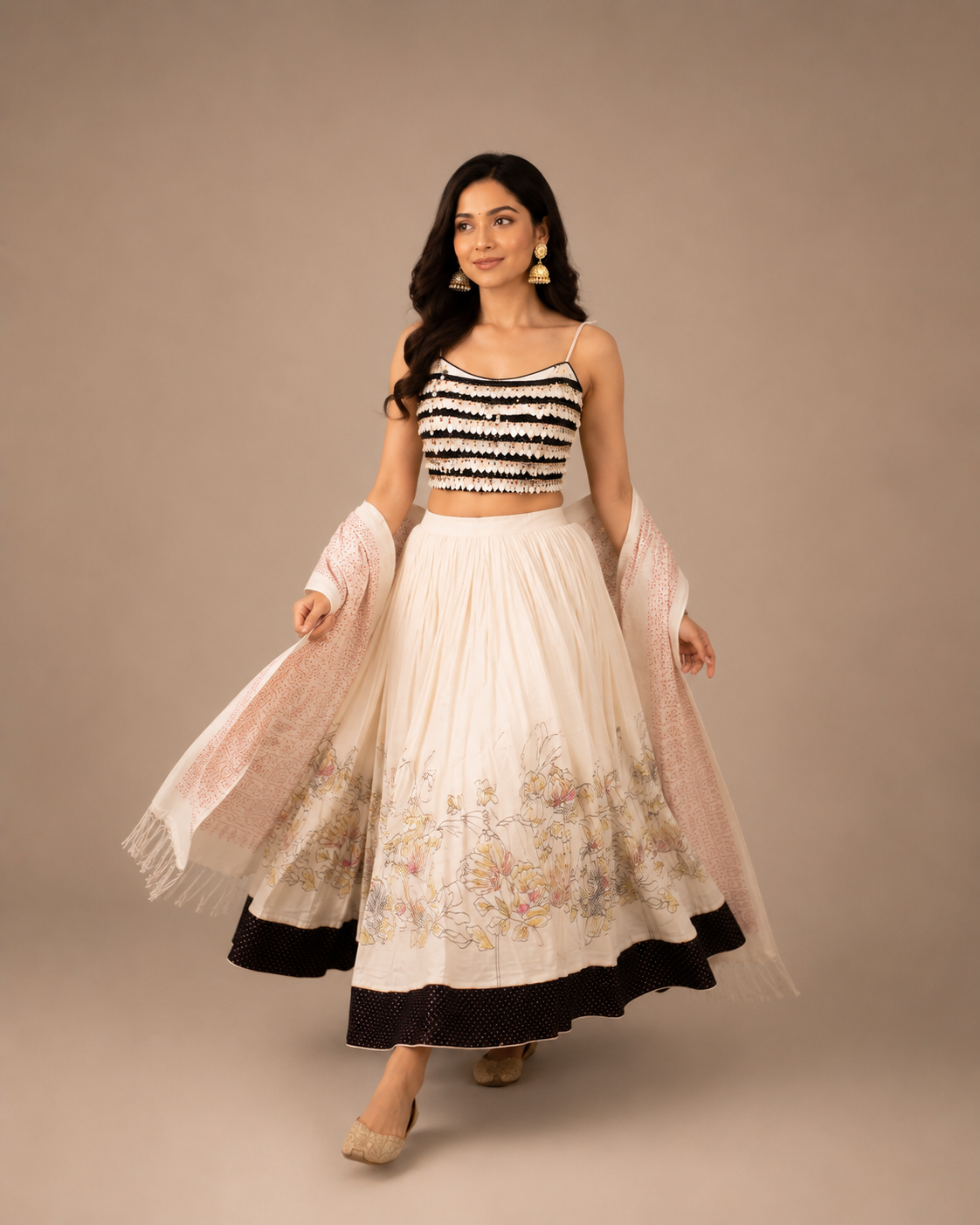 Ivory Floral Printed Lehenga Set with Handcrafted Shell Beaded Blouse and Embroidered Dupatta