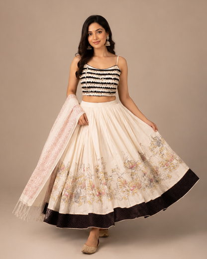 Ivory Floral Printed Lehenga Set with Handcrafted Shell Beaded Blouse and Embroidered Dupatta