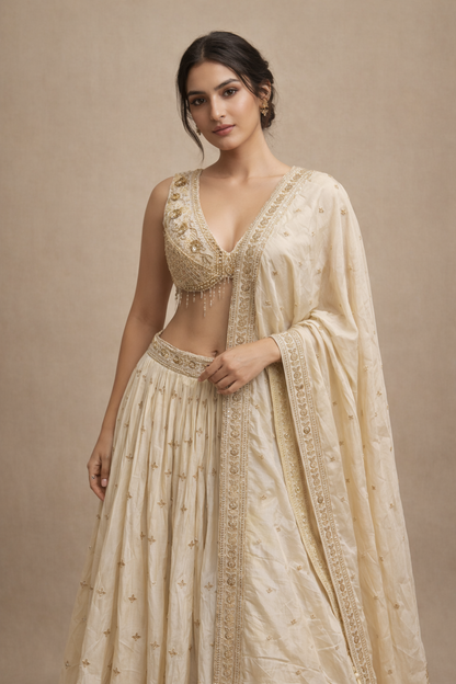 Ivory Gold Embroidered Bridal Lehenga Set