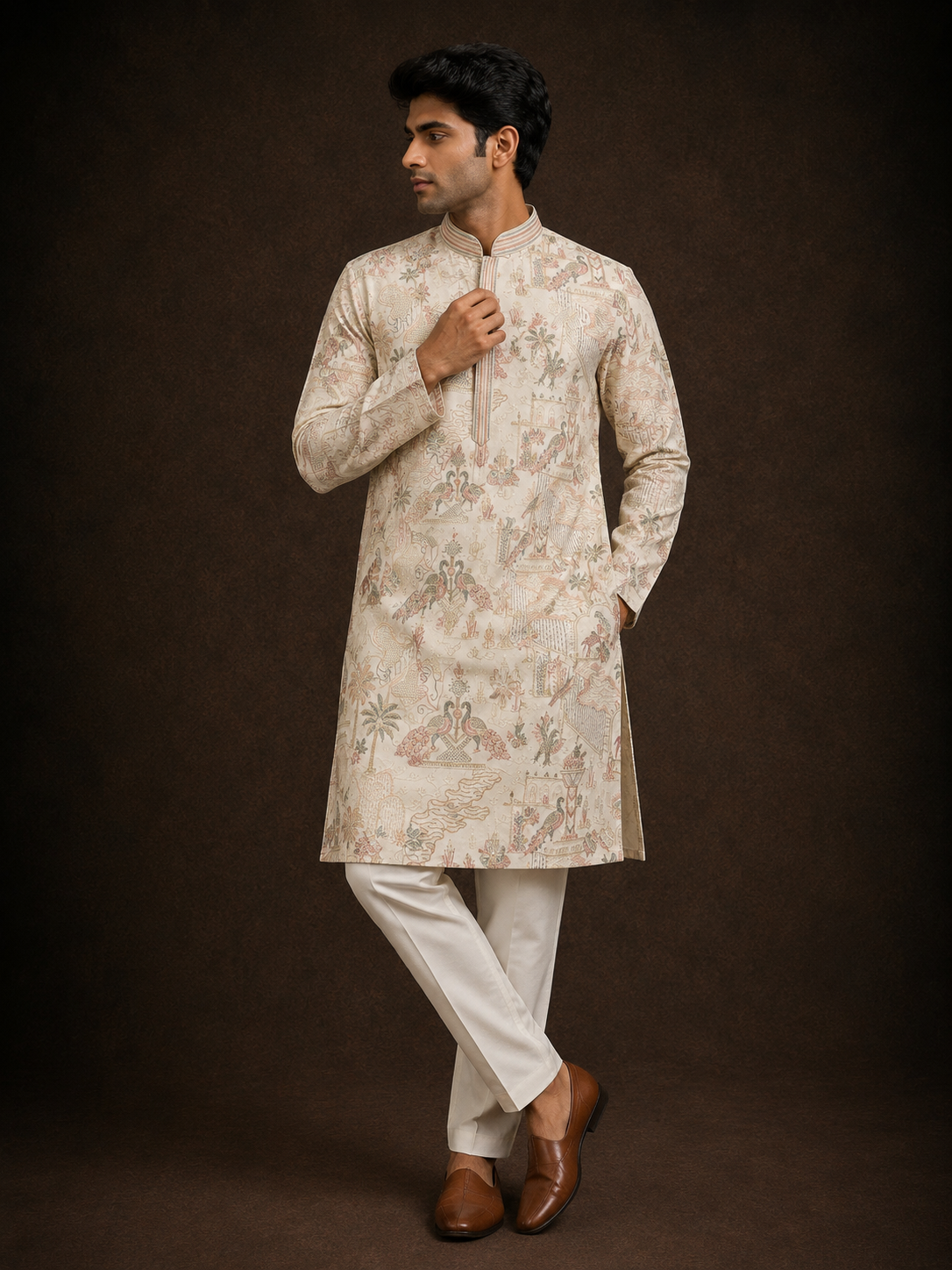 Ivory Heritage Print Kurta for Men with Mughal Scenic Motif and Mandarin Collar
