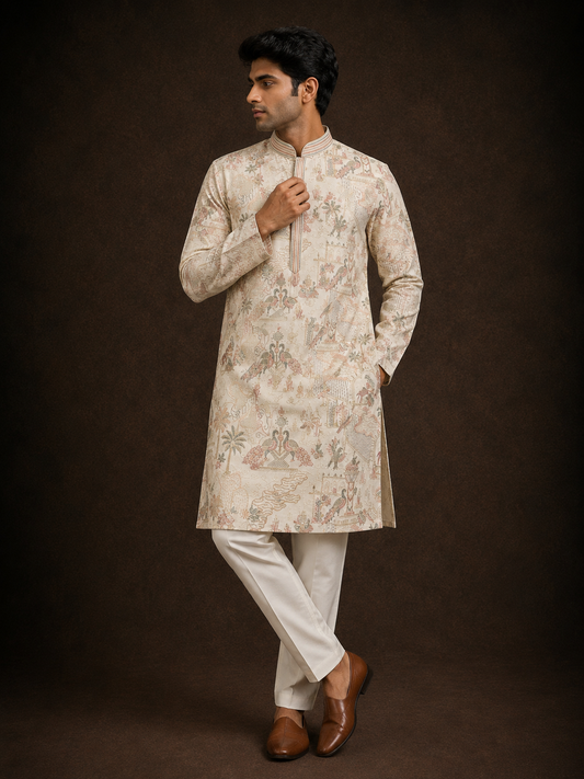 Ivory Heritage Print Kurta for Men with Mughal Scenic Motif and Mandarin Collar