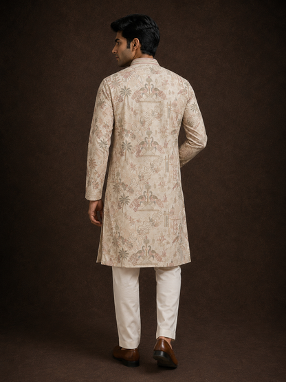 Ivory Heritage Print Kurta for Men with Mughal Scenic Motif and Mandarin Collar
