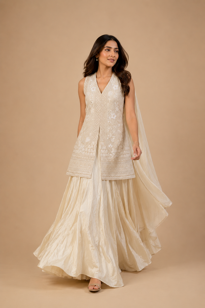 Ivory Lucknowi Hand Embroidered Indo Western Sharara Set