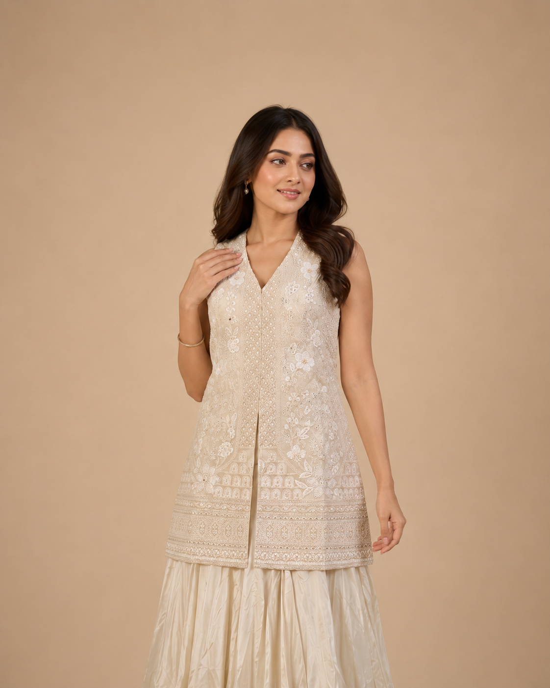 Ivory Lucknowi Hand Embroidered Indo Western Sharara Set
