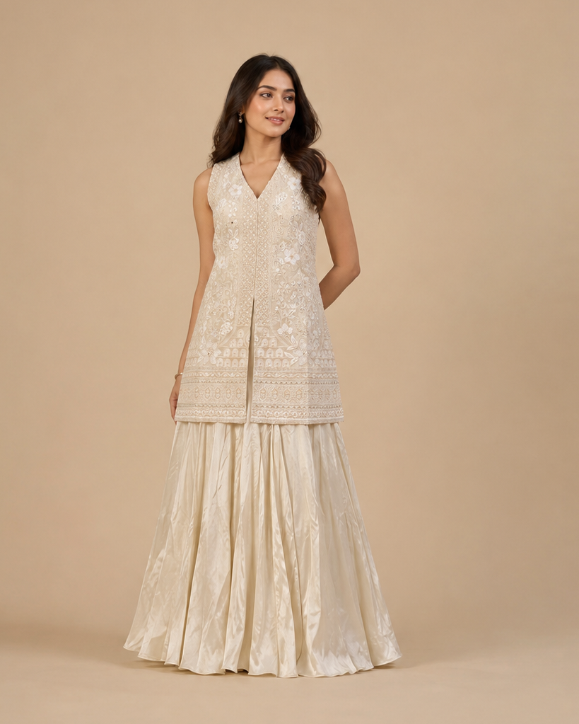 Ivory Lucknowi Hand Embroidered Indo Western Sharara Set