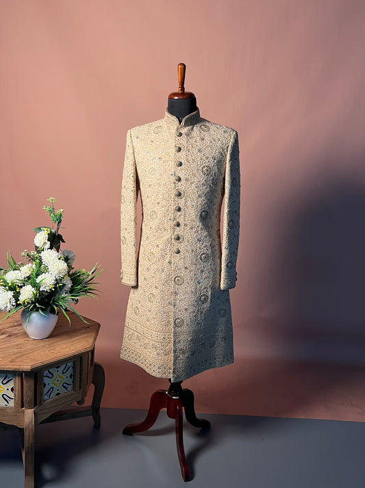 Ivory Mirror & Zari Embroidered Royal Sherwani
