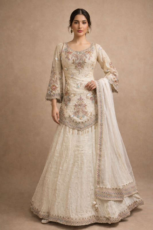 Ivory Multicolor Embroidered Festive Lehenga Set with Floral Thread Work