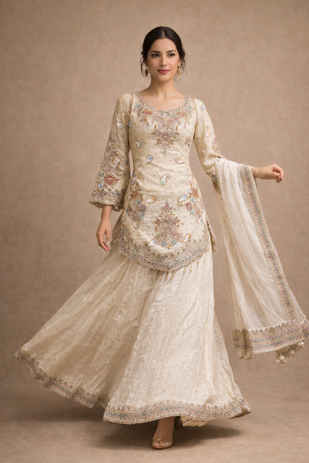 Ivory Multicolor Embroidered Festive Lehenga Set with Floral Thread Work