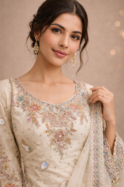 Ivory Multicolor Embroidered Festive Lehenga Set with Floral Thread Work